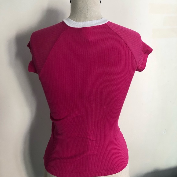 Pink White Button Collar Fitted Coastal Nautical Top - Picture 4 of 5